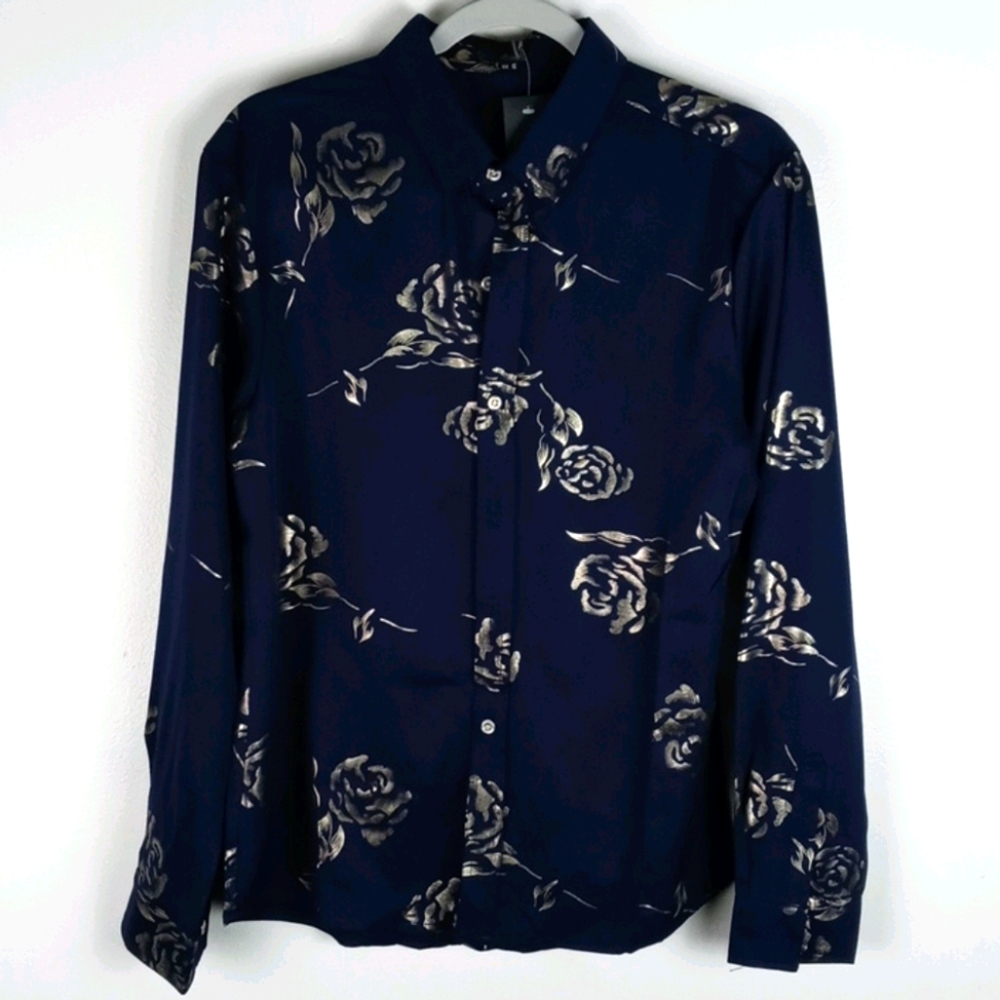 Navy and Gold Rose Button-Up Top